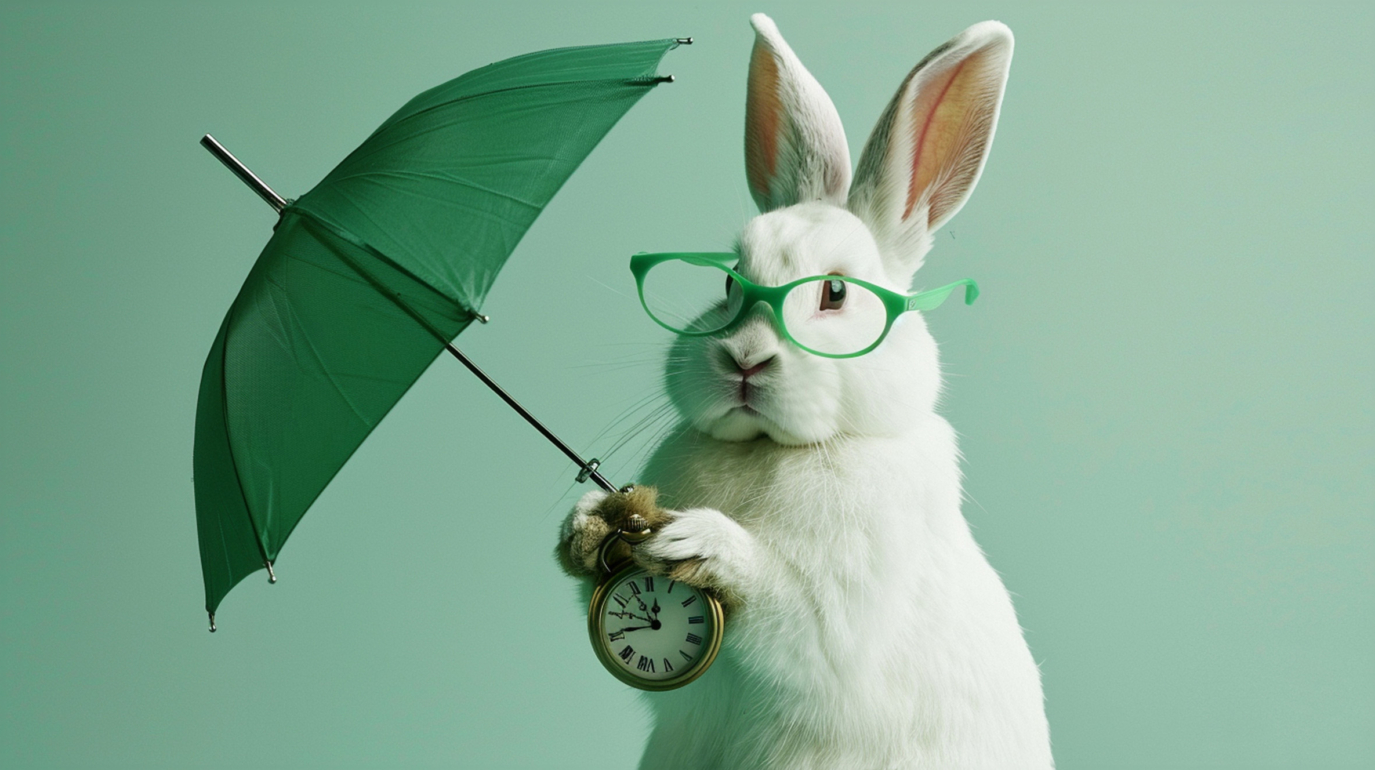 Lapin blanc avec lunette verte et parapluie vert