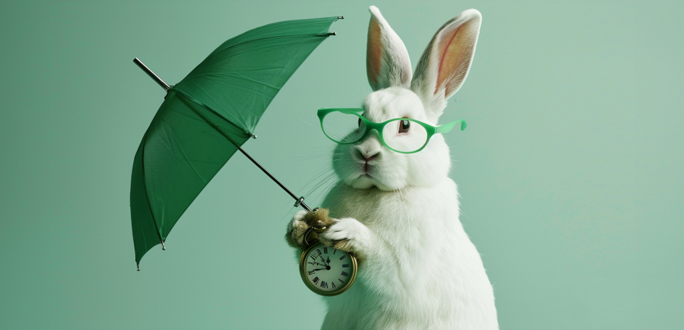 Lapin blanc avec lunette verte et parapluie vert