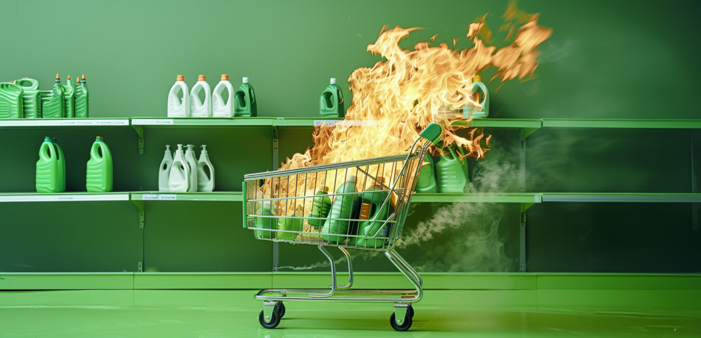 Un chariot dans un univers tout vert, où les produits à l'intérieur brulent