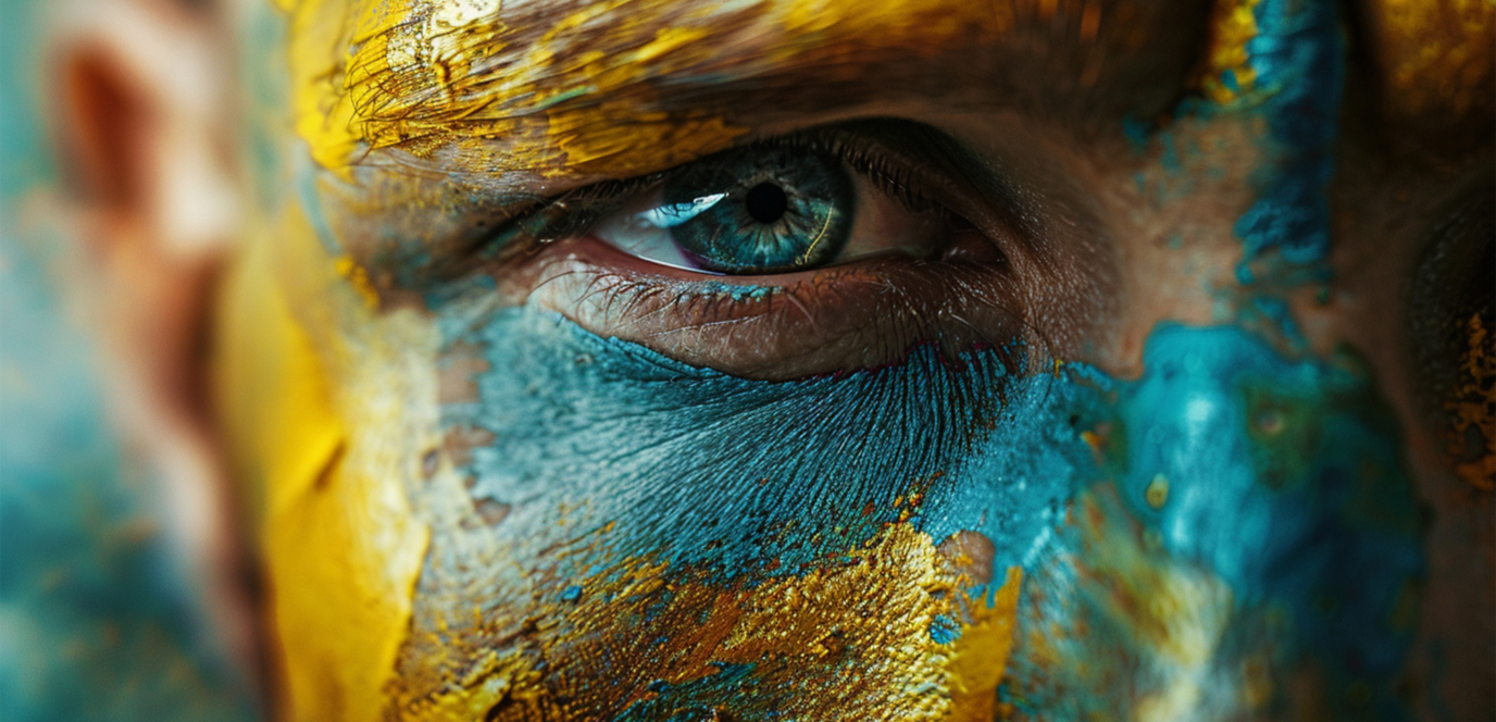 Gros blanc sur un oeil, autour, sur le visage il y a de la peinture bleu et jaune (comme le drapeau Ukrainien)