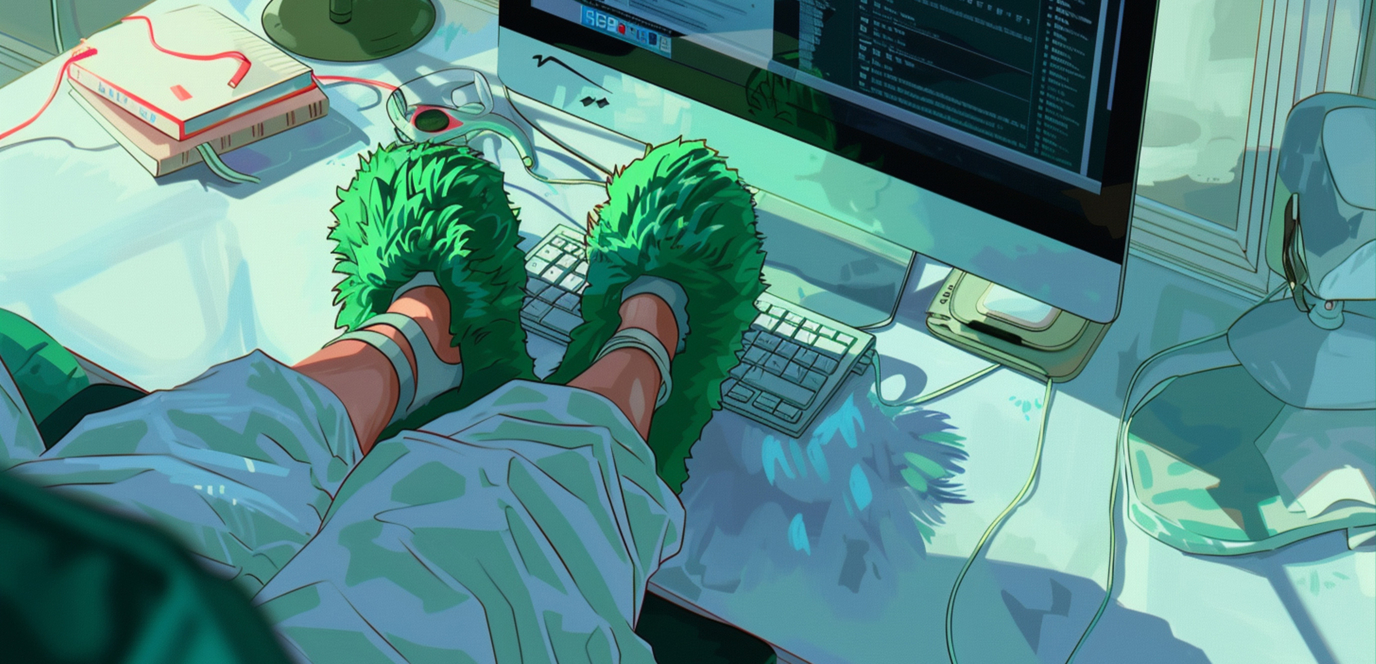 Dessin dans le tons de vert et bleu. On voit des pieds habillés de chaussons posés sur un bureau