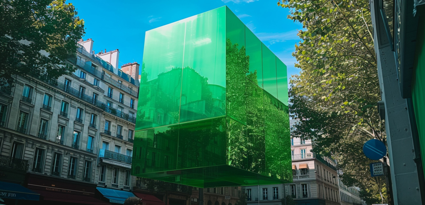 Image de ville avec une box verte transparente