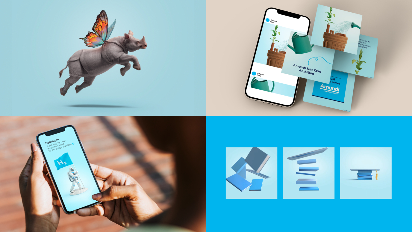 Un visuel en 4 images de la marque Amundi, avec un rhinocéros volant et une application.