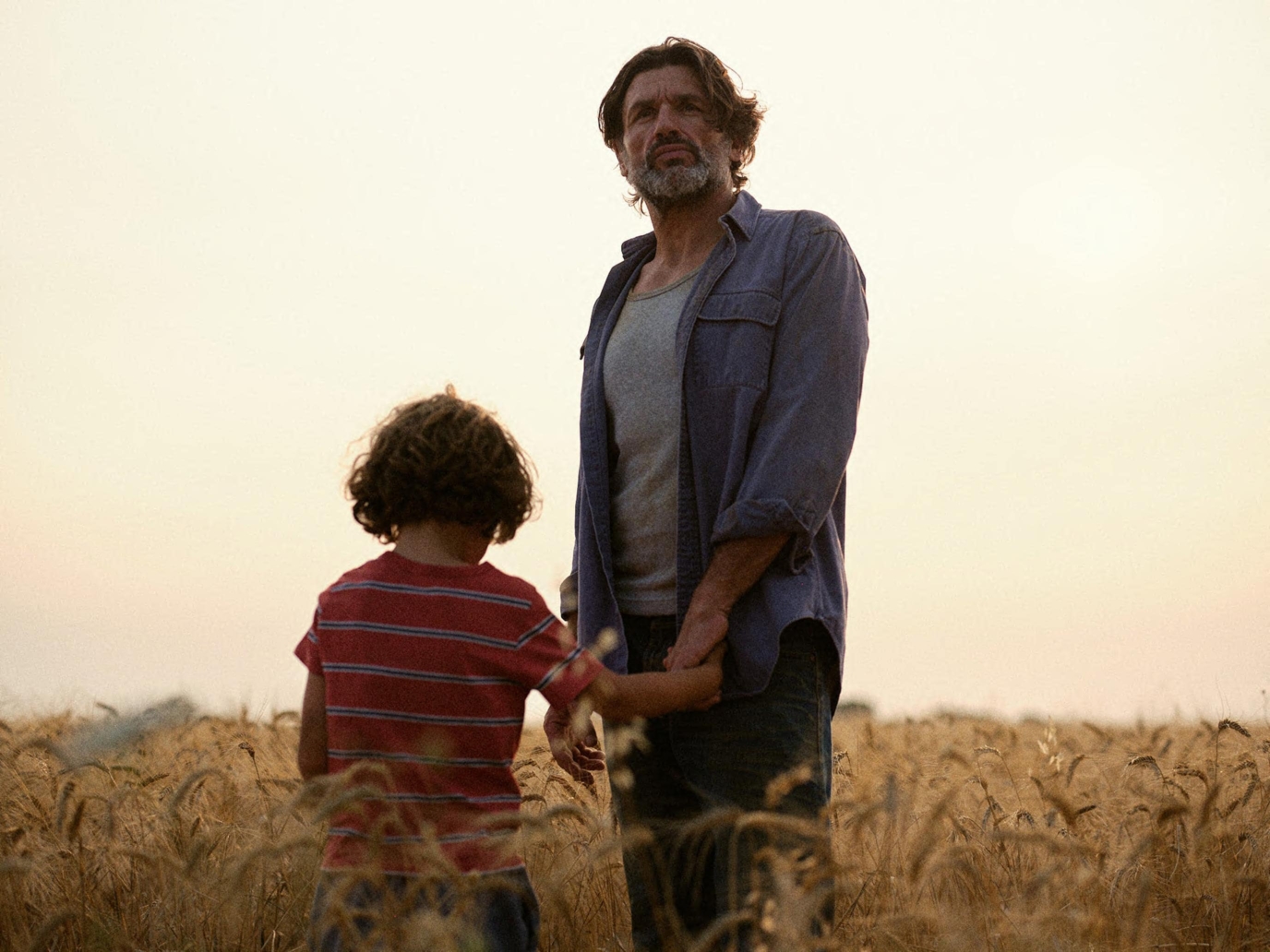 Un homme tenant un petit garçon par la main dans un champ de blé