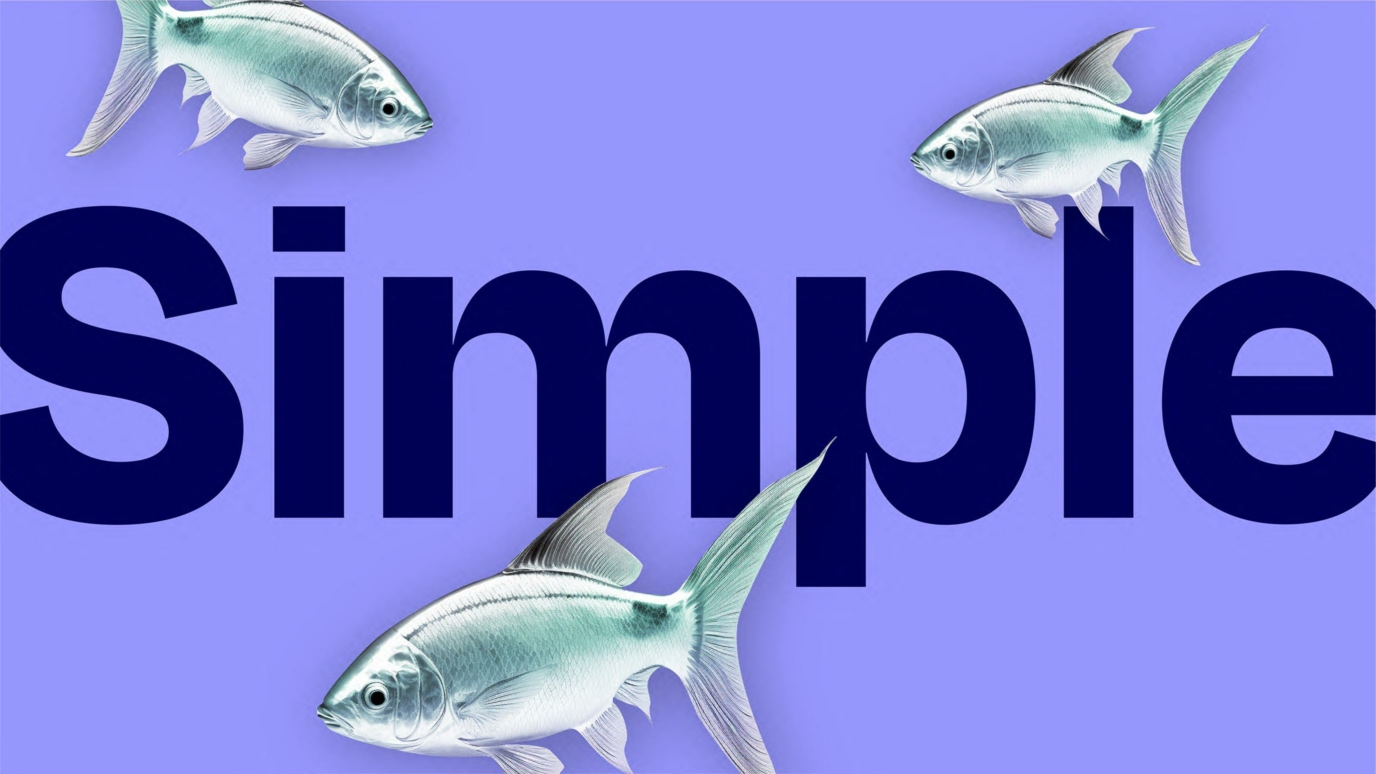 Poisson sur un fond uni bleu avec un texte écris "simple"