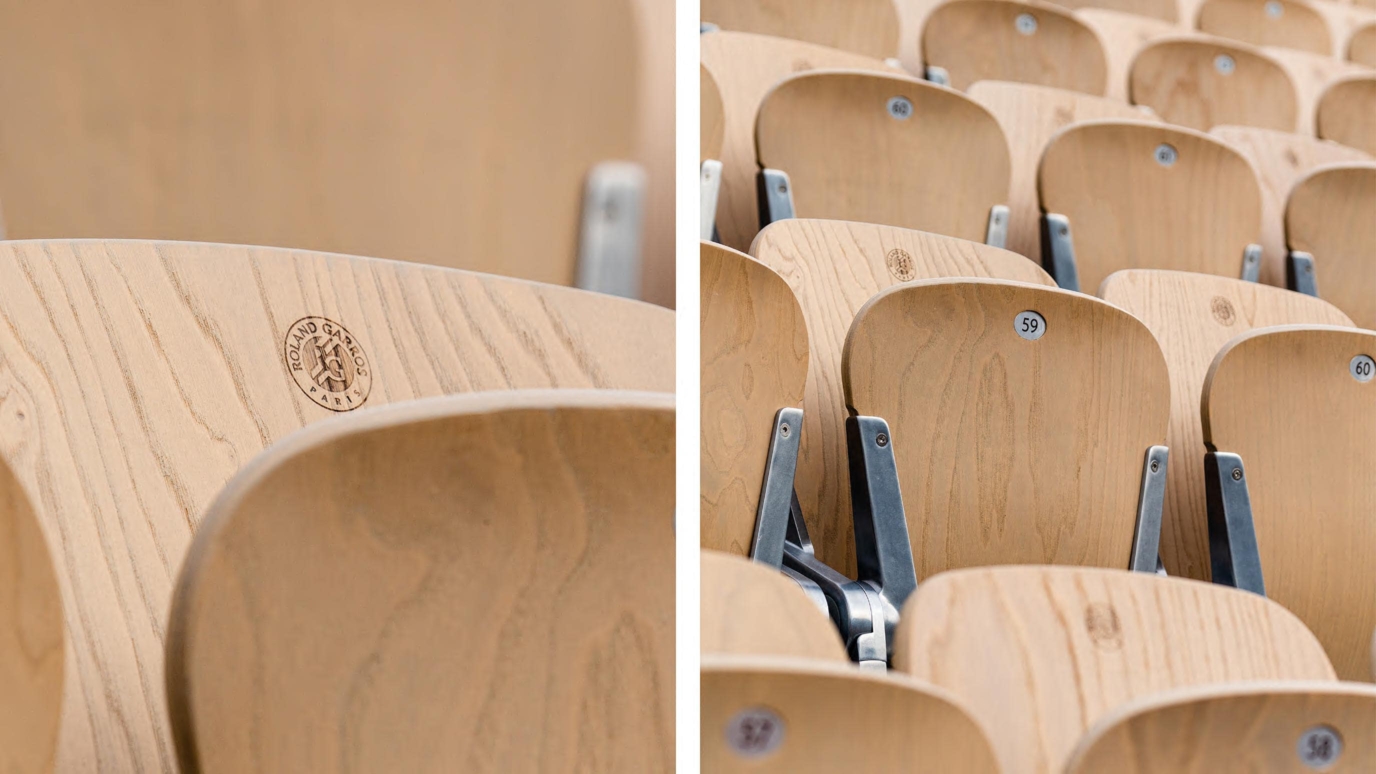 Deux photos des sièges Roland Garros, l'une très zoomée, l'autre moins